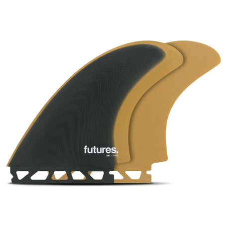 Futures Twin Fin Set EN Fiberglass in Schwarz und Tan, zwei gekurvte Flossen aus Fiberglas, Seitenansicht