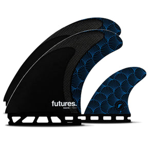 Futures Twin Tri Fin Set Rasta Honeycomb Carbon mit schwarzen und blauen Flossen, Seitenansicht