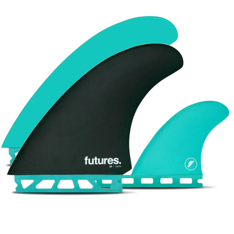 Futures Twin+1 Fin Set Timmy Patterson Honeycomb in Türkis und Schwarz, drei Flossen mit Honeycomb-Material, Draufsicht