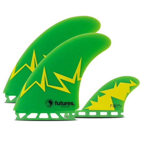 Futures Twin+1 Fin Set Glenn Pang Fiberglass grün gelb Blitzmuster Surfflossen Set