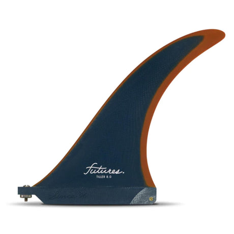Futures Single Fin Tiller Fiberglass Finne in Dunkelblau und Braun, Seitenansicht