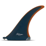Futures Single Fin Tiller Fiberglass, marineblau mit rotem Rand, gekrümmtes Design, Seitenansicht