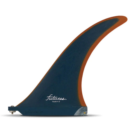 Futures Single Fin Tiller Fiberglass, marineblau mit rotem Rand, gekrümmtes Design, Seitenansicht