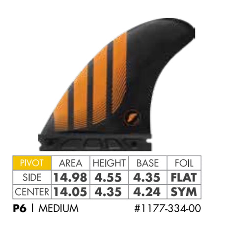 Futures Thruster Fin Set P6 Alpha, schwarz-orange, Medium, Flossensatz mit Spezifikationstabelle