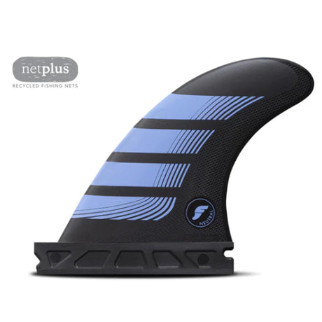 Futures Thruster Fin Set F2 Alpha, schwarze Flosse mit blauen Streifen, Seitenansicht