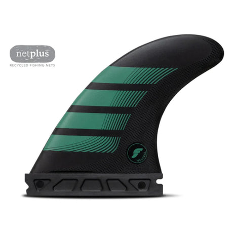Futures Thruster Fin Set F6 Alpha, schwarz-grüne Surfflossen mit Rillenstruktur, Seitenansicht