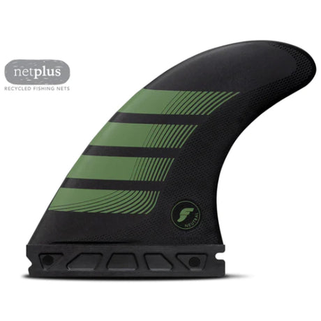 Futures Thruster Fin Set F8 Alpha, schwarze Surfflossen mit grünen Streifen, Seitenansicht