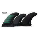 Futures Quad Thruster 5 Fin Set F6 Alpha, schwarze Flossen mit grünen Streifen, Seitenansicht