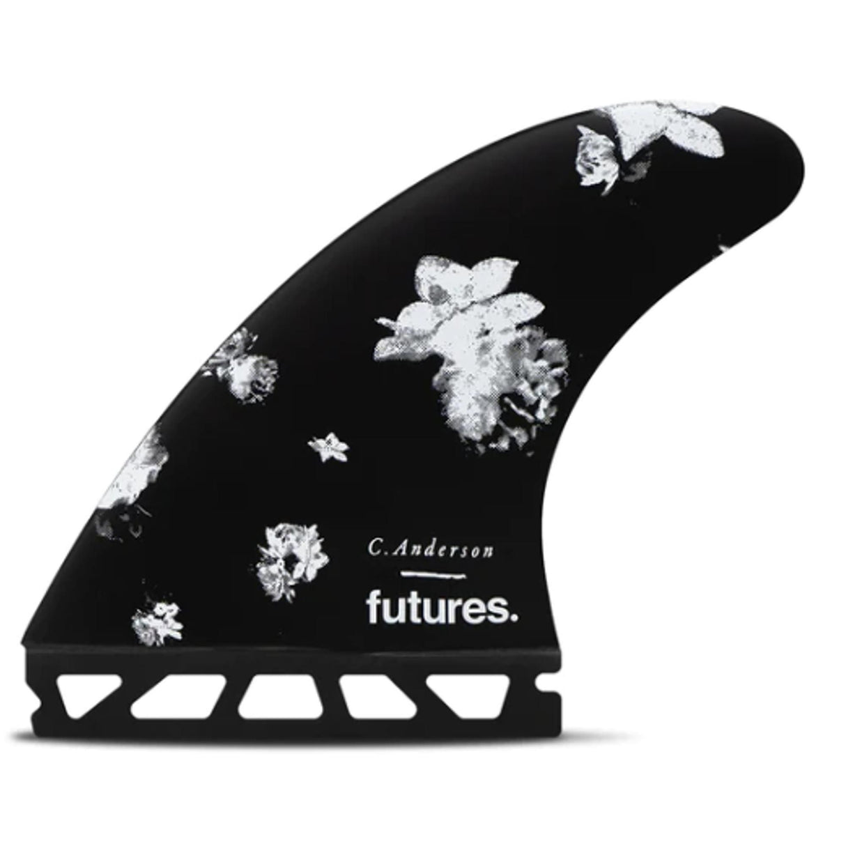 Futures Thruster Fin Set Ando Blackstix, schwarze Surffinne mit weißem Blumenmuster, Seitenansicht
