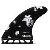 Futures Thruster Fin Set Ando Blackstix, schwarze Surffinne mit weißem Blumenmuster, Seitenansicht