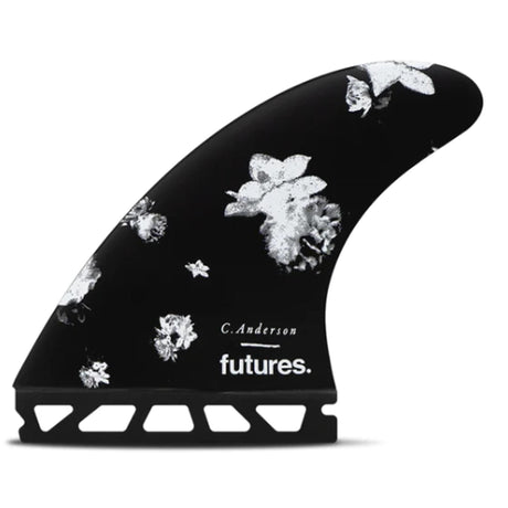 Futures Thruster Fin Set Ando Blackstix, schwarze Surffinne mit weißem Blumenmuster, Seitenansicht