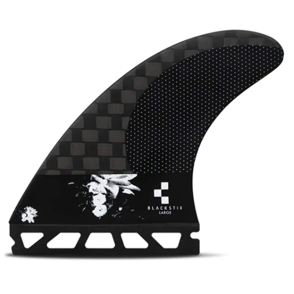 Futures Thruster Fin Set Ando Blackstix in Schwarz mit Carbon-Honeycomb-Struktur, seitliche Ansicht des modernen Surfboards Finnen-Sets