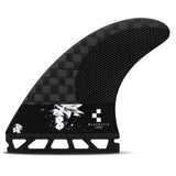 Futures Thruster Fin Set Ando Blackstix in Schwarz mit Carbon-Honeycomb-Struktur, seitliche Ansicht des modernen Surfboards Finnen-Sets