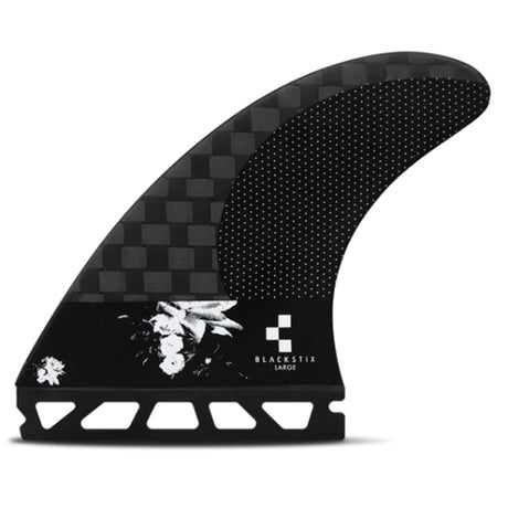 Futures Thruster Fin Set Ando Blackstix in Schwarz mit Carbon-Honeycomb-Struktur, seitliche Ansicht des modernen Surfboards Finnen-Sets