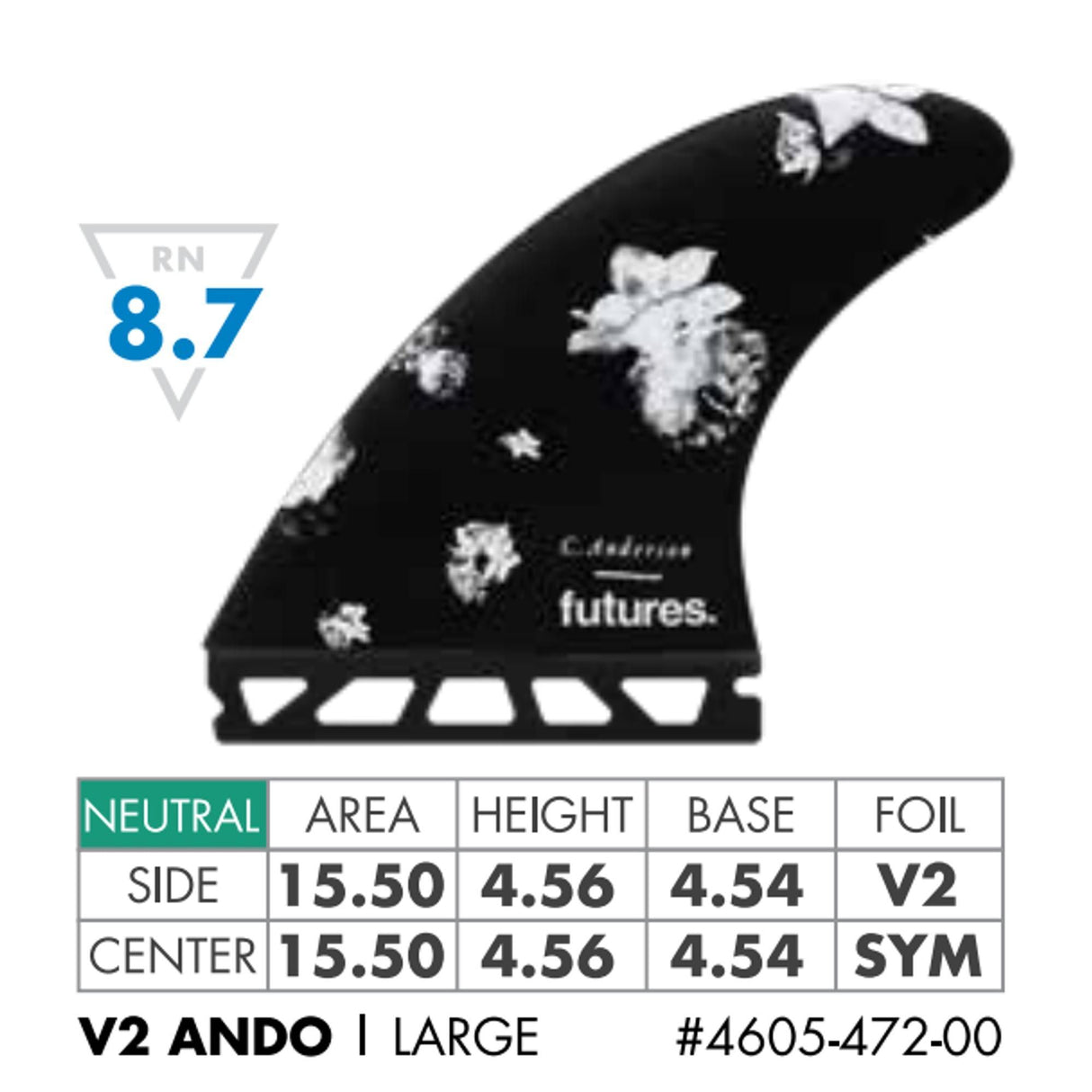 Futures Thruster Fin Set Ando Blackstix schwarz weiß mit Muster, V2 Größe Large, technische Spezifikationen sichtbar