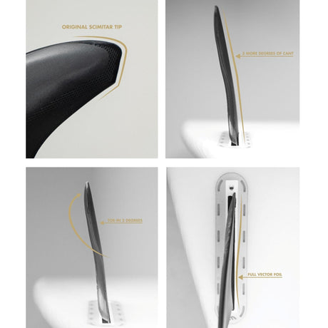 Futures Thruster Fin Set Vector 3/2 Alpha Large, schwarze Surfflossen aus Kunststoff, vier Ansichten mit Original Scimitar Tip und Alpha Degrees of Cant