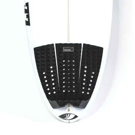 Futures Traction Pad Brewster Narrow in Schwarz und Weiß mit gepunkteter Textur, Draufsicht auf Surfboard