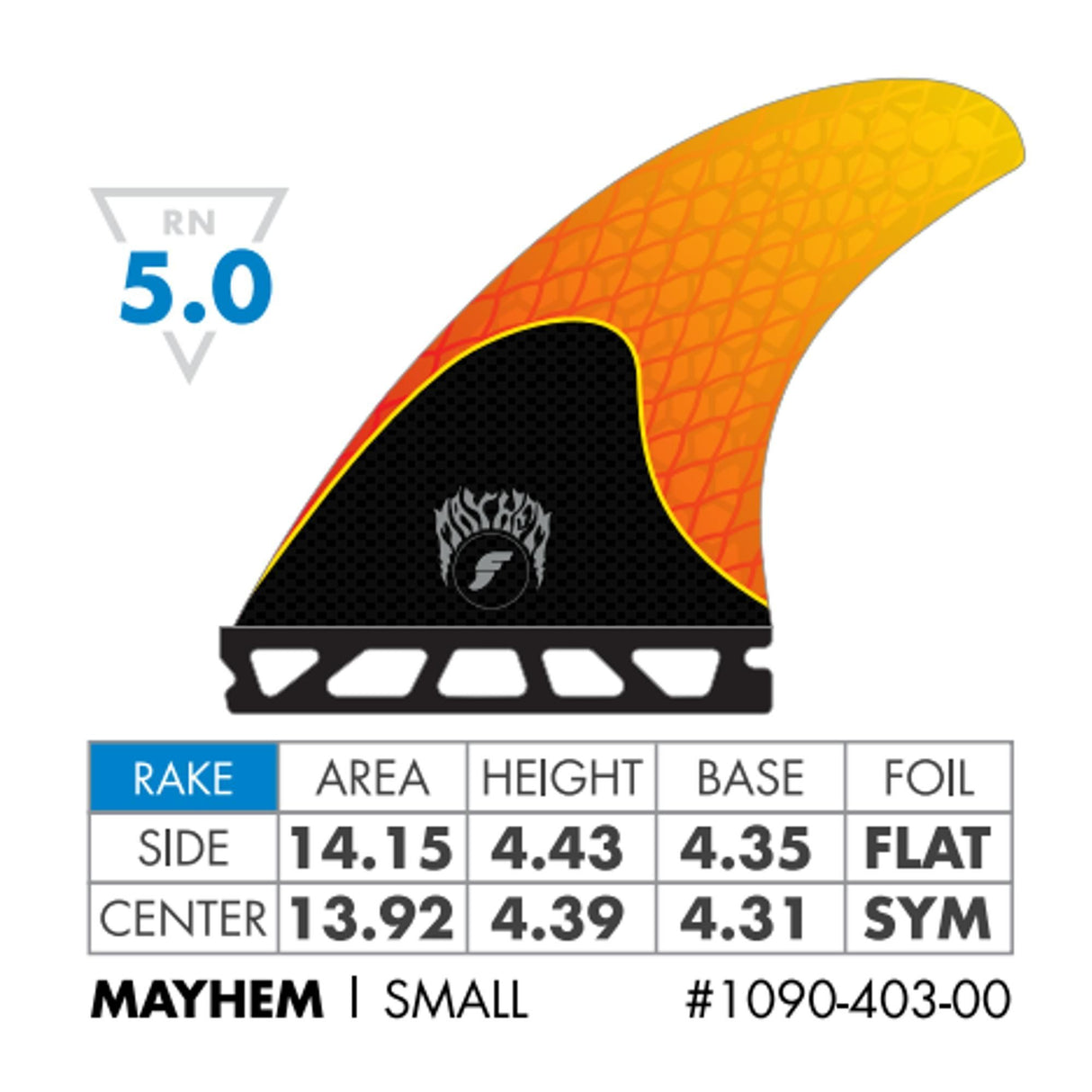 Futures Thruster Fin Set Mayhem 3.0 S, orange-schwarze Surffinne mit technischen Spezifikationen und Größenangaben