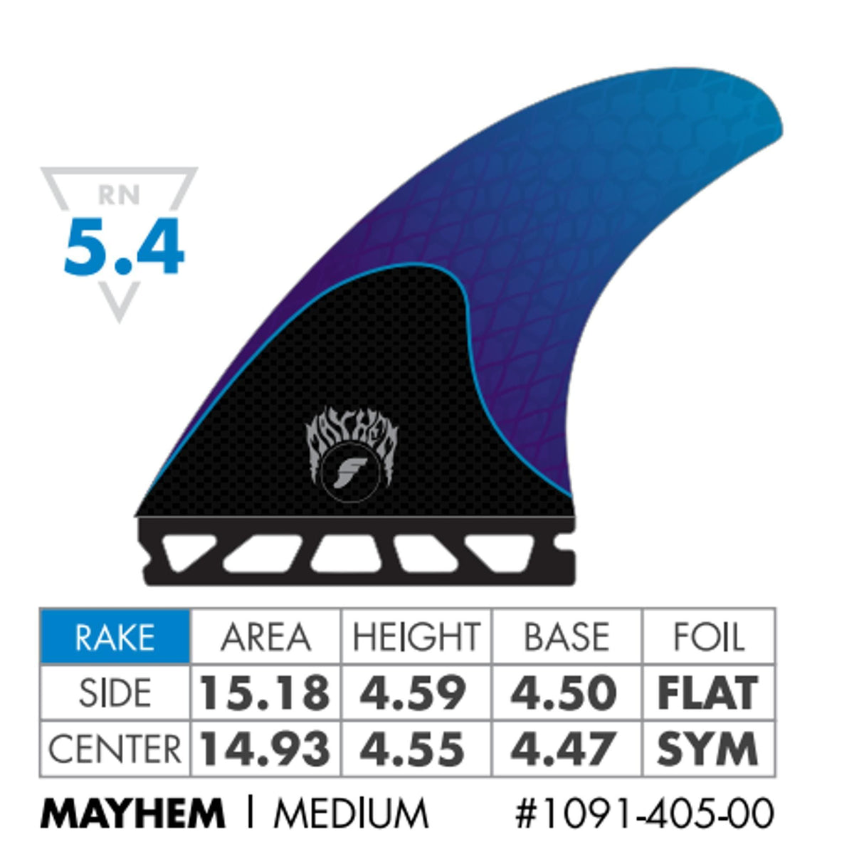 Futures Thruster Fin Set Mayhem 3.0 M/L, blau-schwarz, Kunststoff mit technischen Spezifikationen und Messwerten