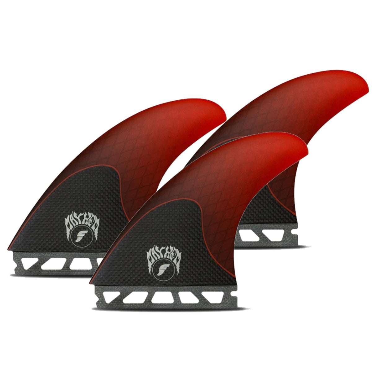 Futures Thruster Fin Set Mayhem 3.0 M/L, rot-schwarz, drei Flossen mit Kunststoffbase, Frontansicht