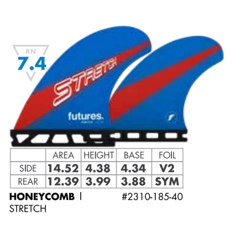 Futures Quad 4 Fin Set Stretch Honeycomb blau rot, Flossen-Set mit technischen Spezifikationen und Honeycomb-Material