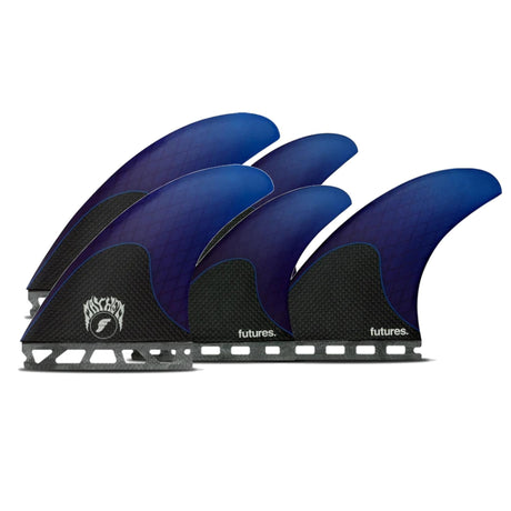 Futures Quad Thruster 5 Fin Set Mayhem 3.0 in Blau und Schwarz, Seitenansicht aller fünf Flossen
