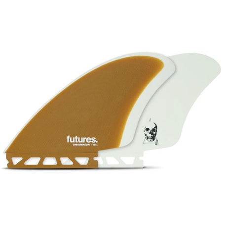 Futures Twin Fin Set Christenson Keel Fiberglass in Braun und Weiß, Seitenansicht