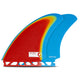 Futures Twin Fin Set Pyzel Bobcat Fiberglass mit roter und blauer Färbung, Seitenansicht