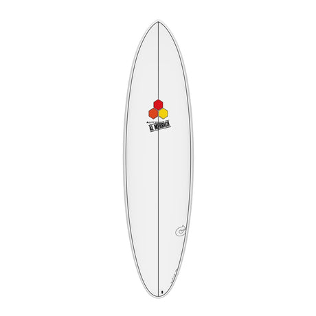 Channel Islands X-lite M23 Surfboard, weiß, Draufsicht mit farbigem Logo