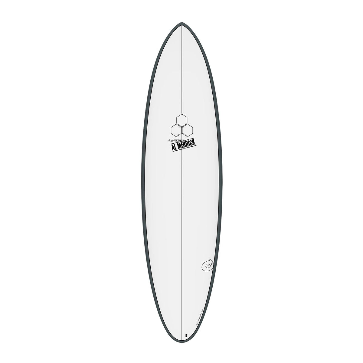 Channel Islands X-lite M23 Surfboard, weiß mit grauem Rails, Draufsicht