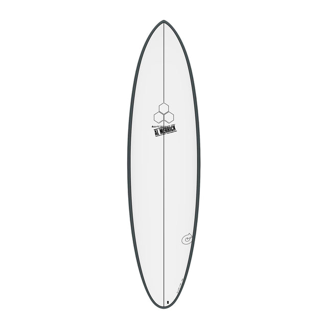 Channel Islands X-lite M23 Surfboard, weiß mit grauem Rails, Draufsicht