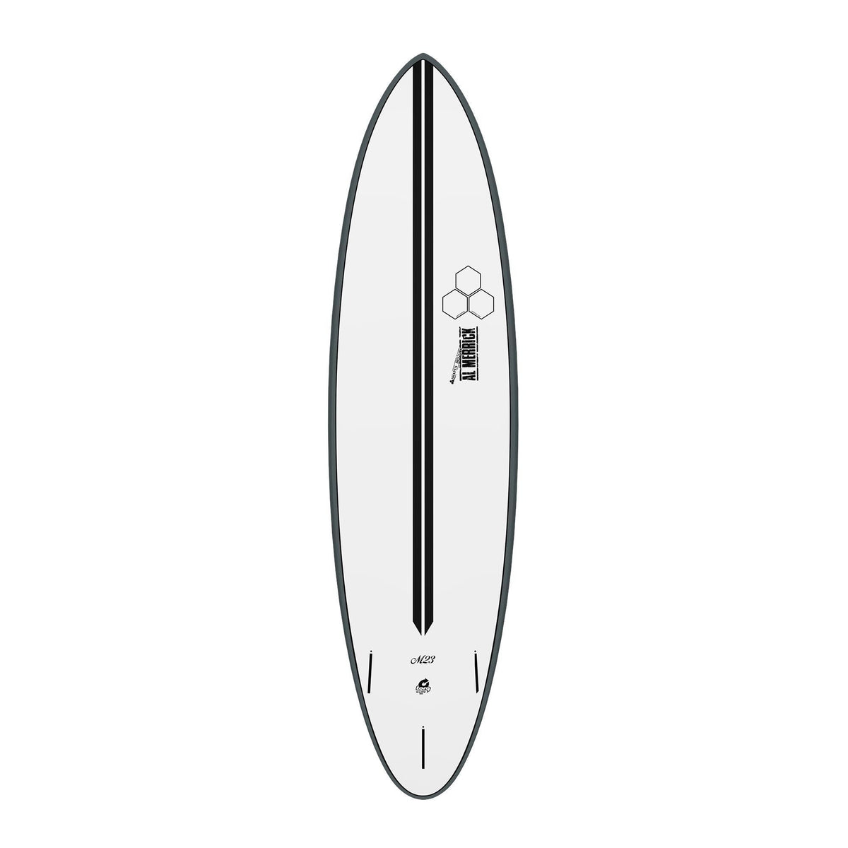 Channel Islands X-lite M23 Surfboard weiß mit schwarzem Streifen Draufsicht