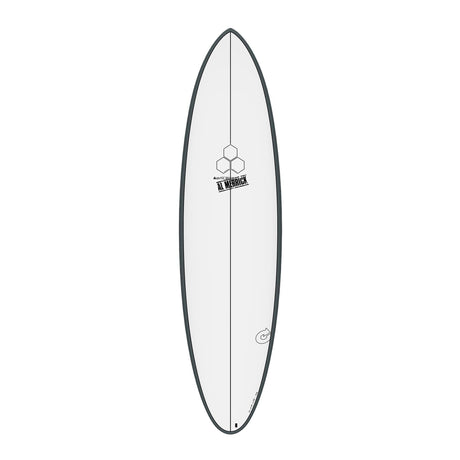 Channel Islands X-lite M23 Surfboard, weiß mit dunkelgrauem Rail, Draufsicht