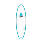 Channel Islands X-lite PodMod Surfboard, Türkis, Draufsicht, kompaktes Design mit blauem Logo
