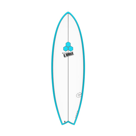 Channel Islands X-lite PodMod Surfboard, Türkis, Draufsicht, kompaktes Design mit blauem Logo