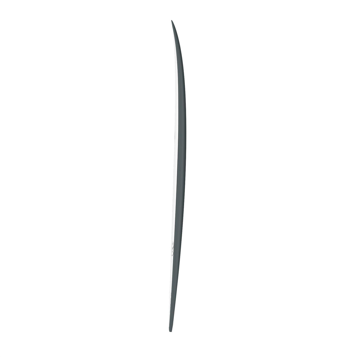 Channel Islands X-lite PodMod Surfboard in Grau, schlankes Design mit spitzer Nose, Seitenansicht