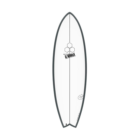 Channel Islands X-lite PodMod Surfboard, Fischform, Draufsicht, grau und weiß