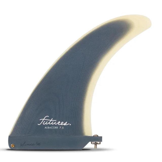 Futures Single Fin Albacore Flex Fiberglass, blau-weiße Surffinne, Seitenansicht