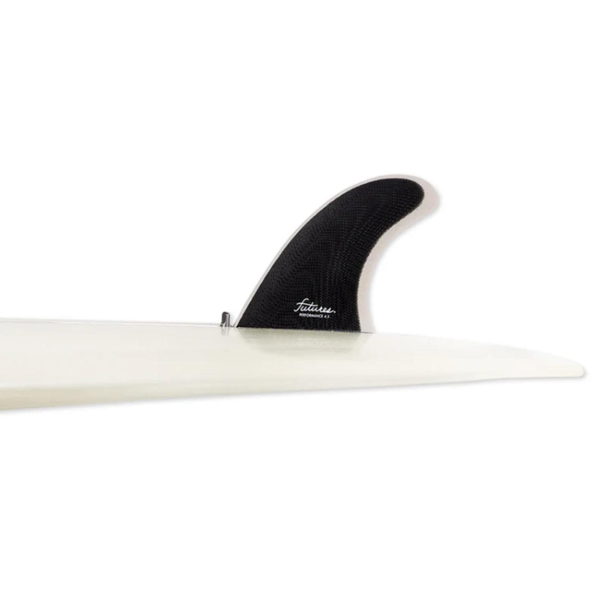 Futures Single Fin Performance Fiberglass, schwarz-weiß, Seitenansicht auf weißem Surfboard montiert
