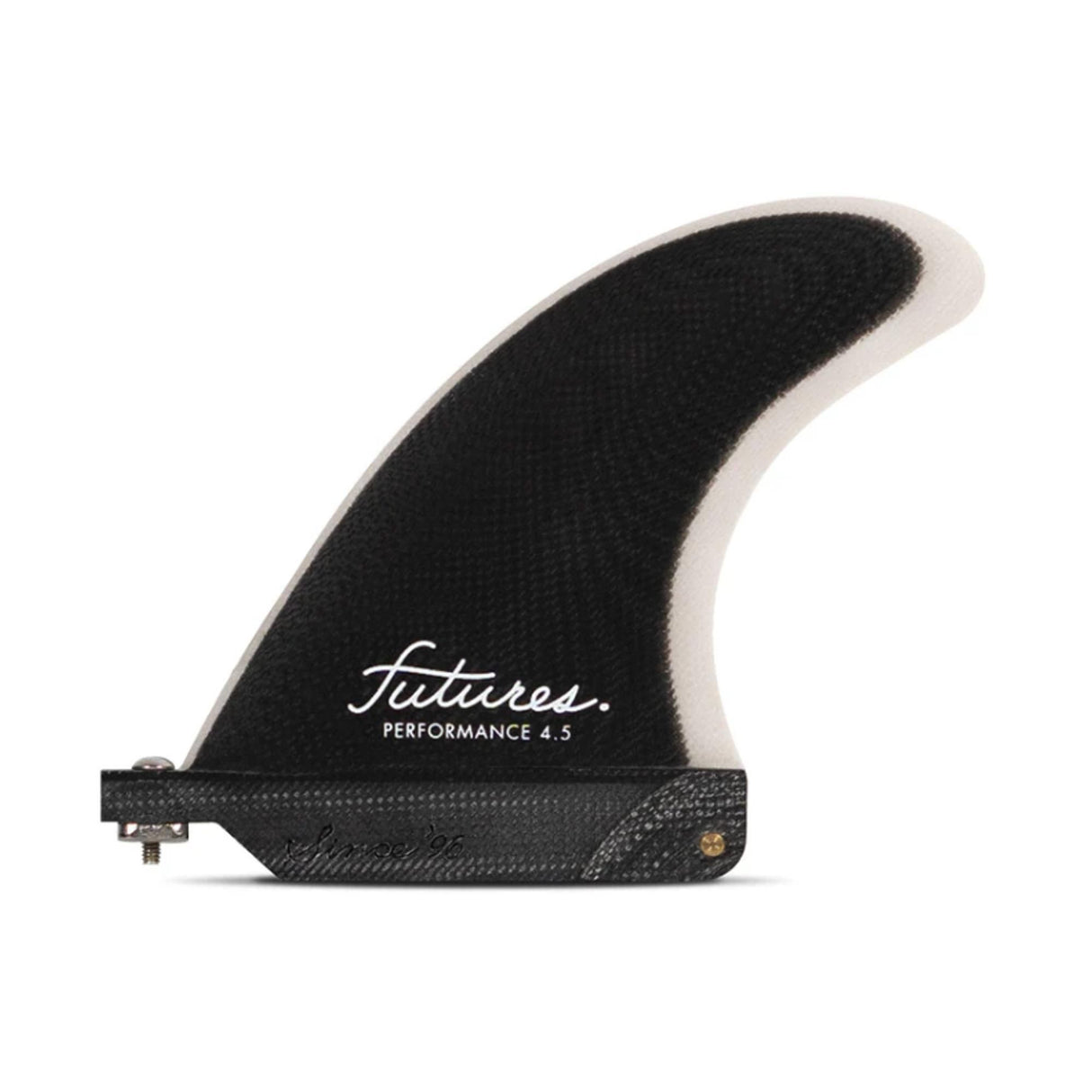 Futures Single Fin Performance Fiberglass schwarz mit weißem Logo, Seitenansicht auf weißem Hintergrund