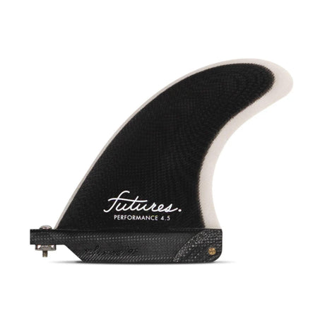 Futures Single Fin Performance Fiberglass schwarz mit weißem Logo, Seitenansicht auf weißem Hintergrund