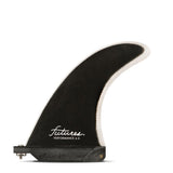 Futures Single Fin Performance Fiberglass schwarz mit weißer Kante, Seitenansicht des Surfboards-Fins mit Textilstruktur
