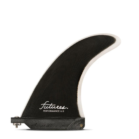 Futures Single Fin Performance Fiberglass schwarz mit weißer Kante, Seitenansicht des Surfboards-Fins mit Textilstruktur