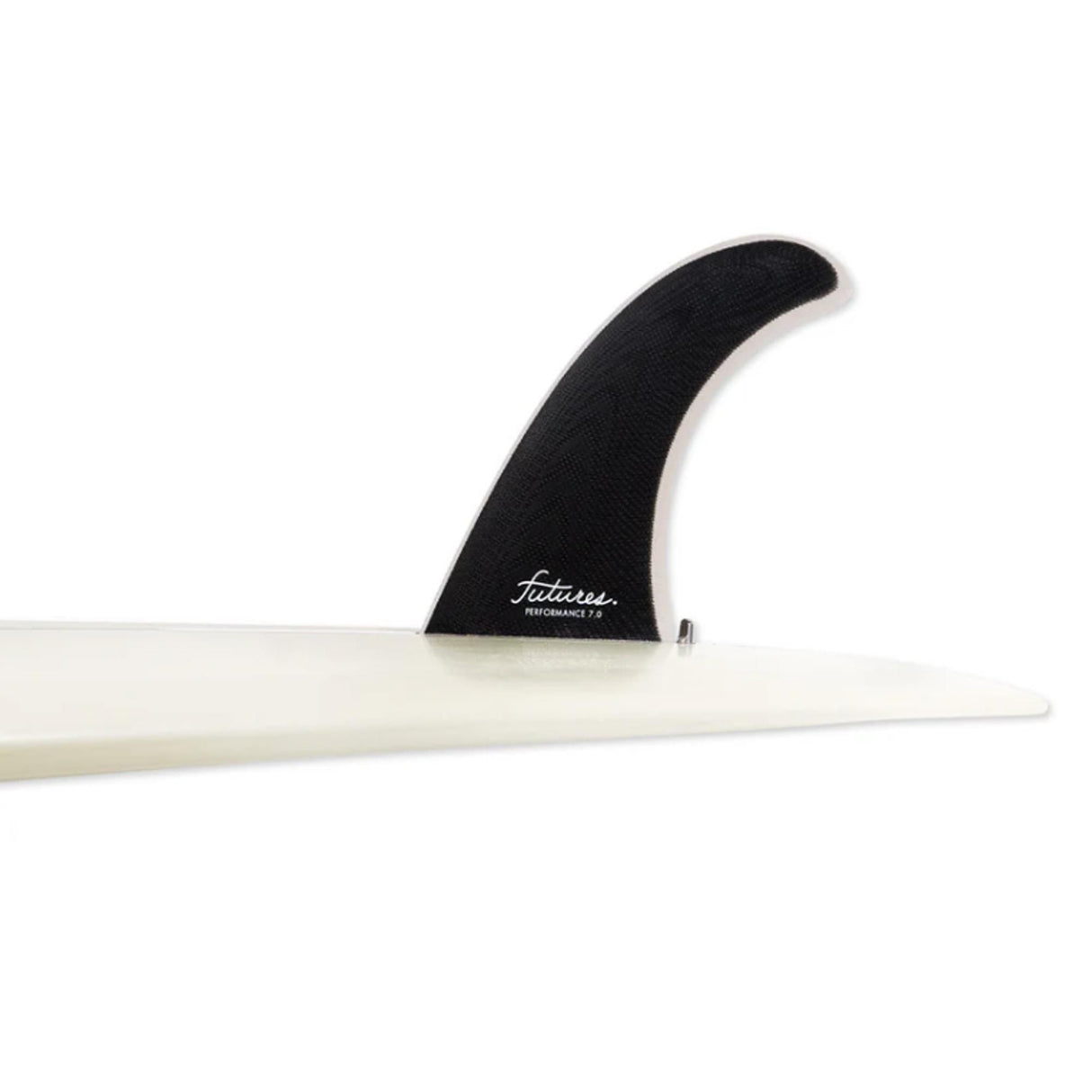 Futures Single Fin Performance Fiberglass schwarz-weiß, Seitenansicht auf Surfboard montiert