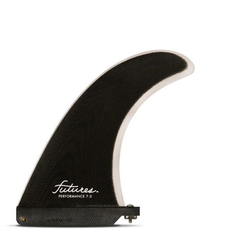 Futures Single Fin Performance Fiberglass US, schwarze Finne mit weißem Rand, Seitenansicht