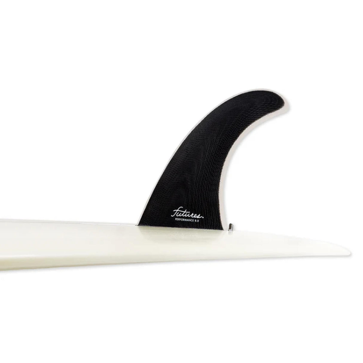 Futures Single Fin Performance Fiberglass US, schwarze Finne aus Fiberglas auf weißem Surfboard, Seitenansicht