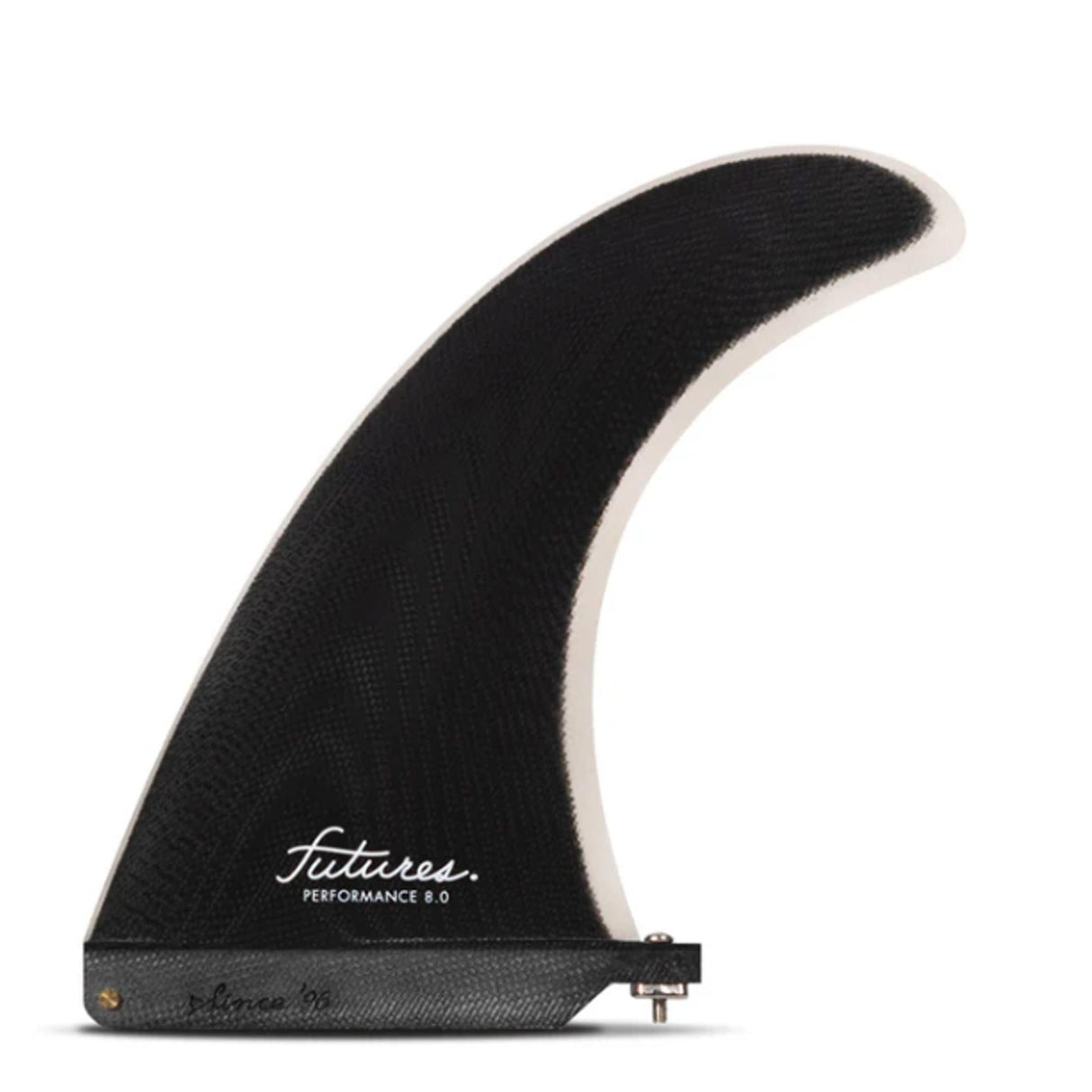 Futures Single Fin Performance Fiberglass US, schwarze Finne mit weißer Kante, Seitenansicht