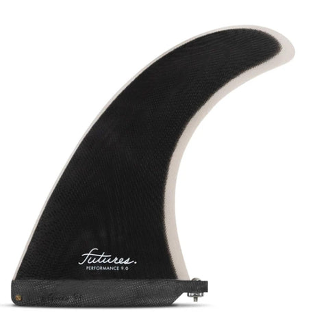 Futures Single Fin Performance Fiberglass US, schwarz mit weißer Kante, Seitenansicht