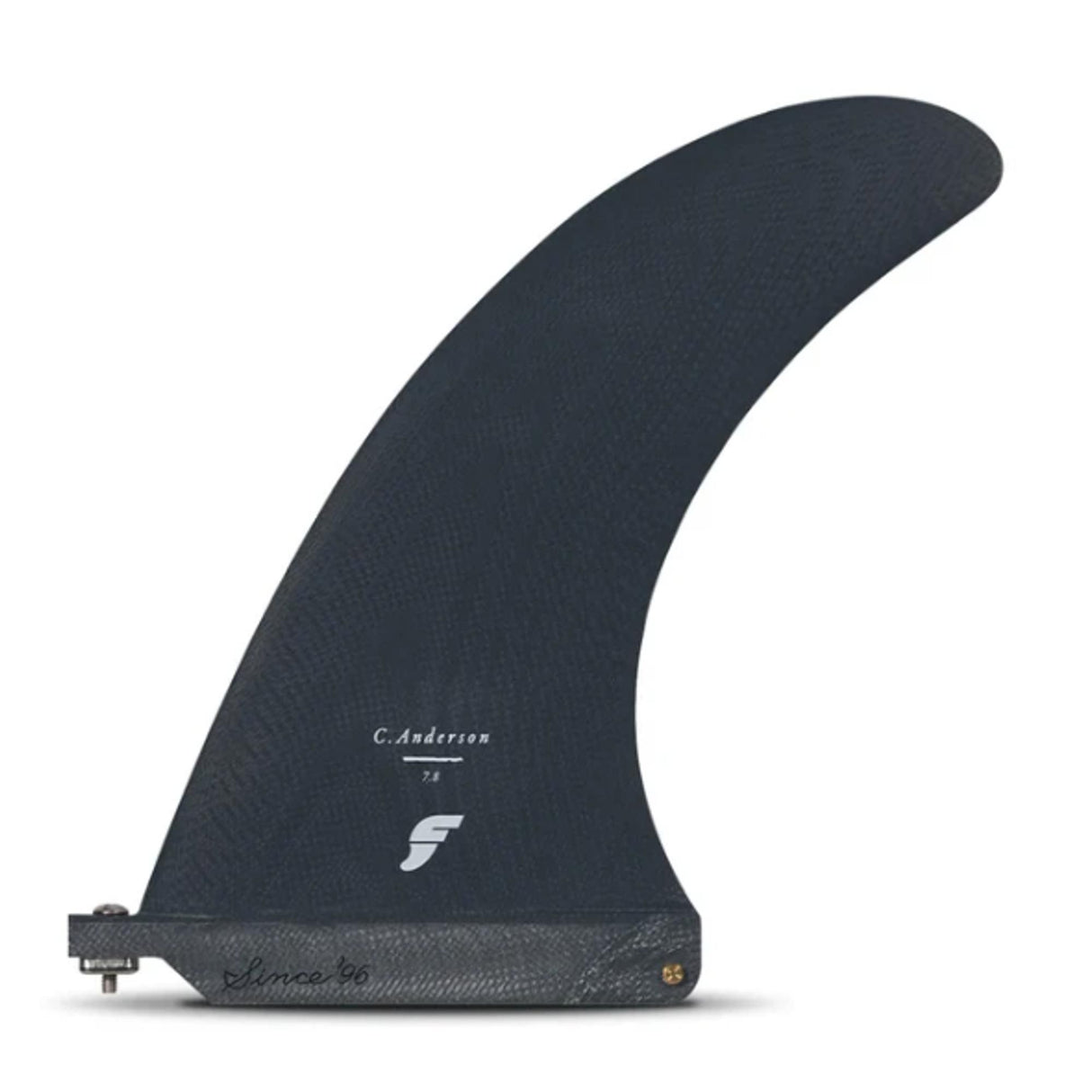 Futures Single Fin Ando Anderson Fiberglass schwarz, Seitenansicht mit Signatur und Futures-Logo