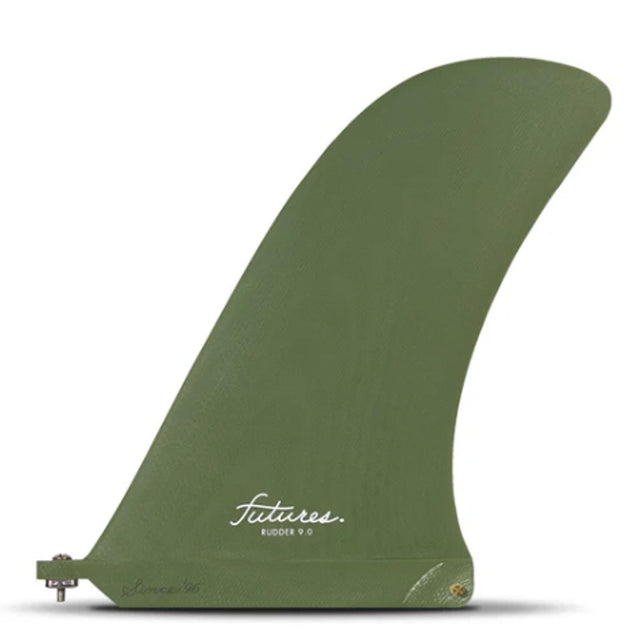 Futures Single Fin Rudder Fiberglass US in Grün, Seitenansicht des gekrümmten Finboards mit Futures-Logo und Befestigungssystem